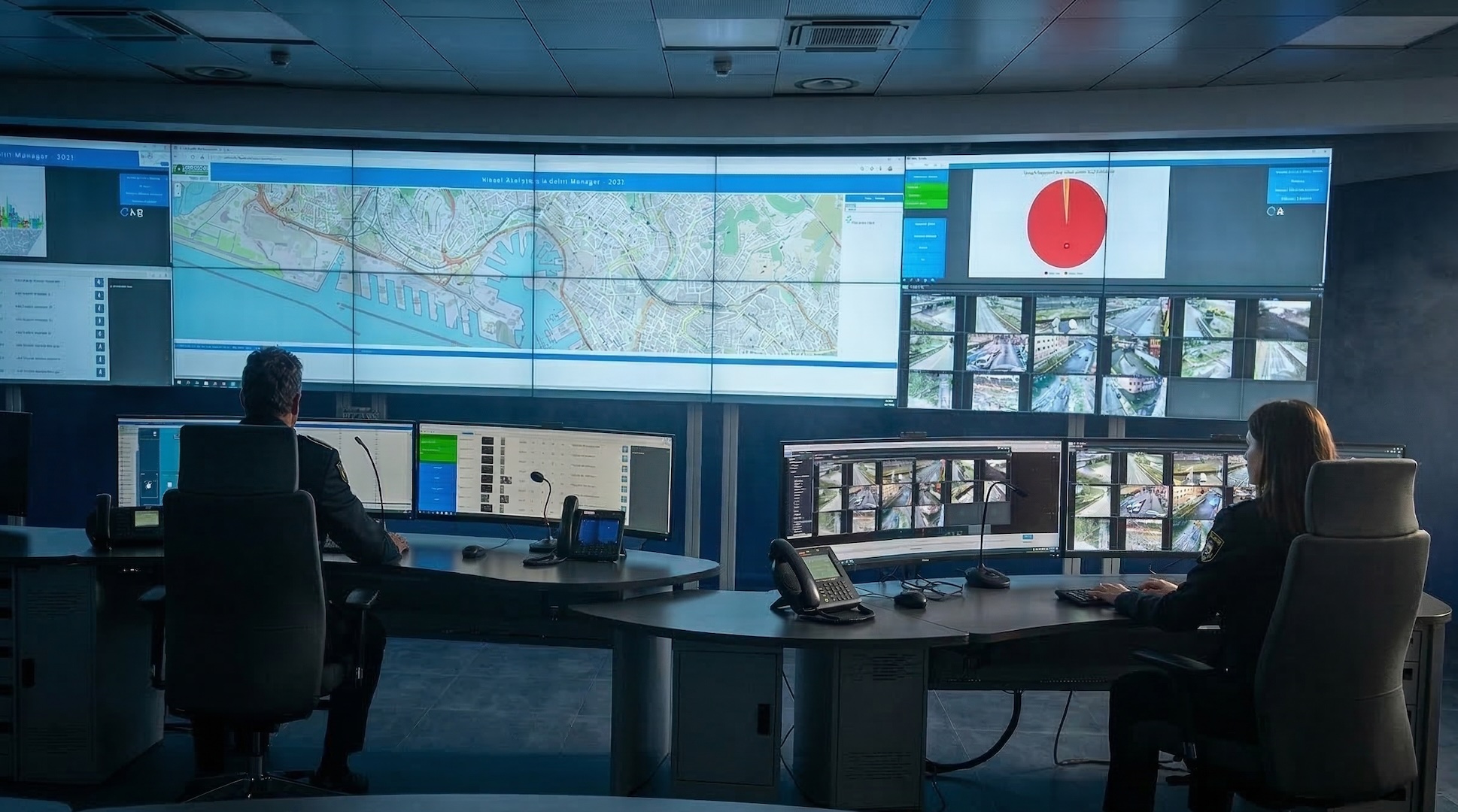 Control room con postazioni operatore e video wall